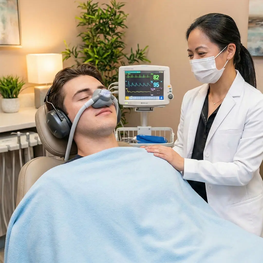 Patient relaxing in dental chair with headphones