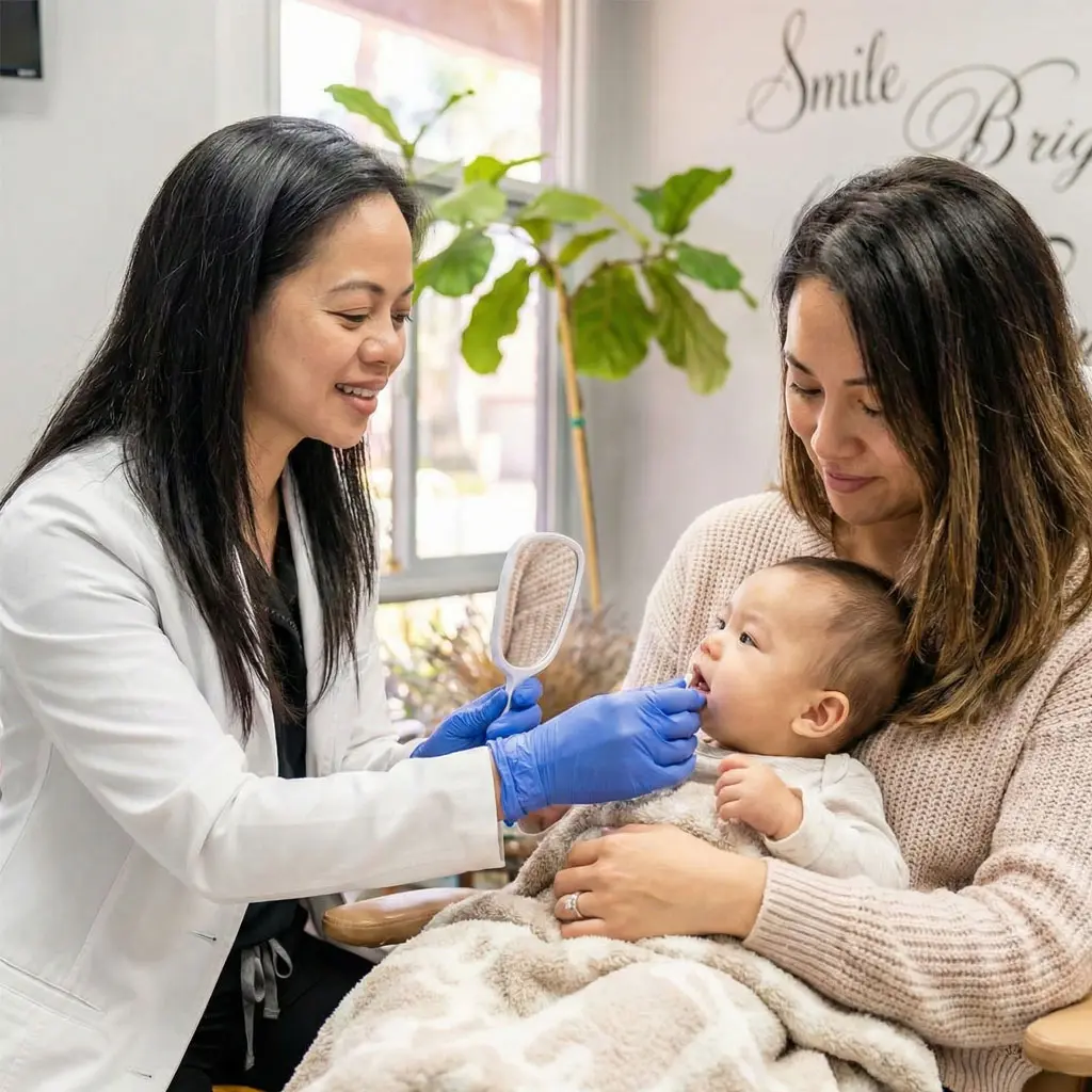 Toddler sitting on parent's lap during dental exam